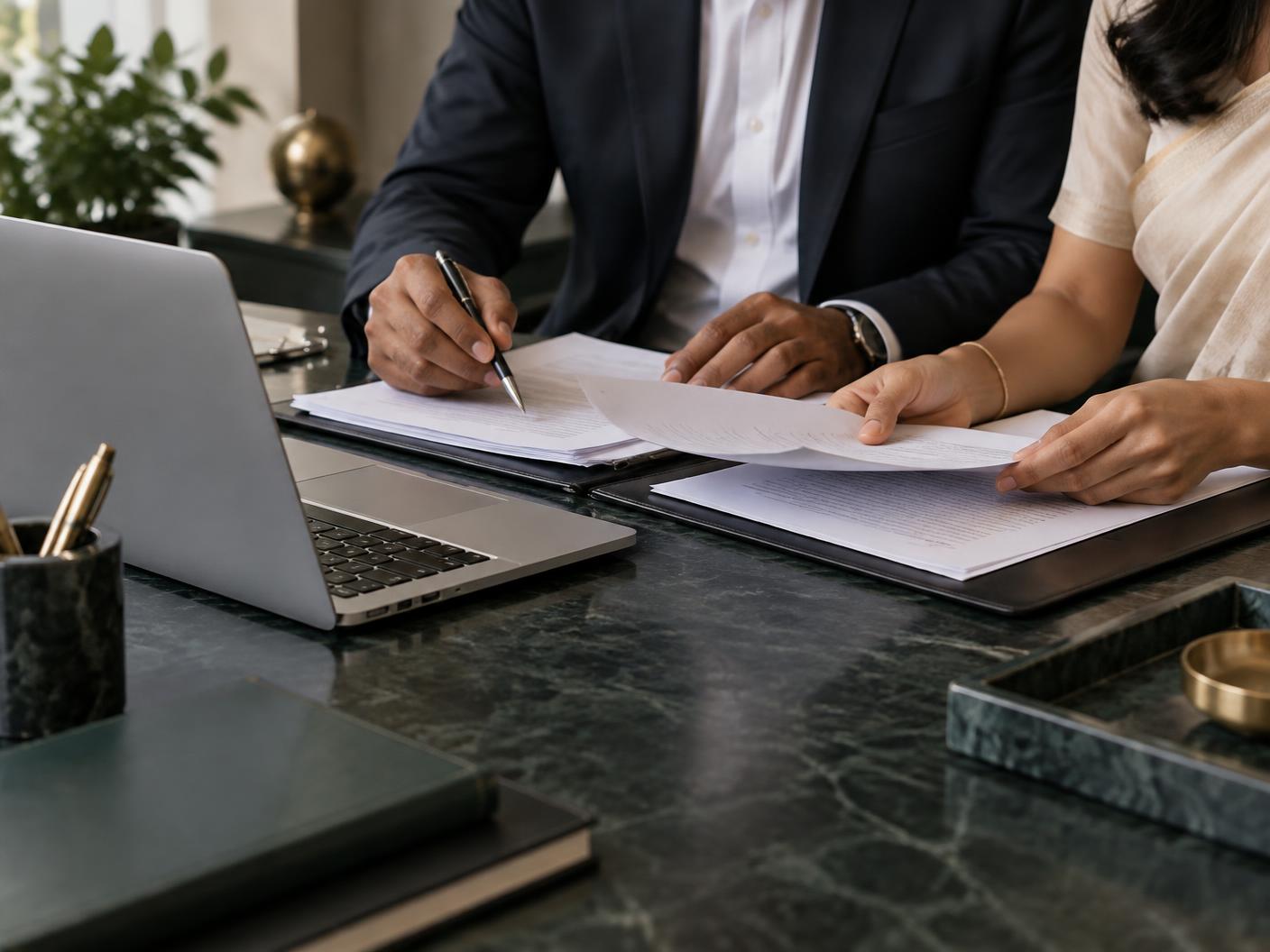 Business partners reviewing registration documents